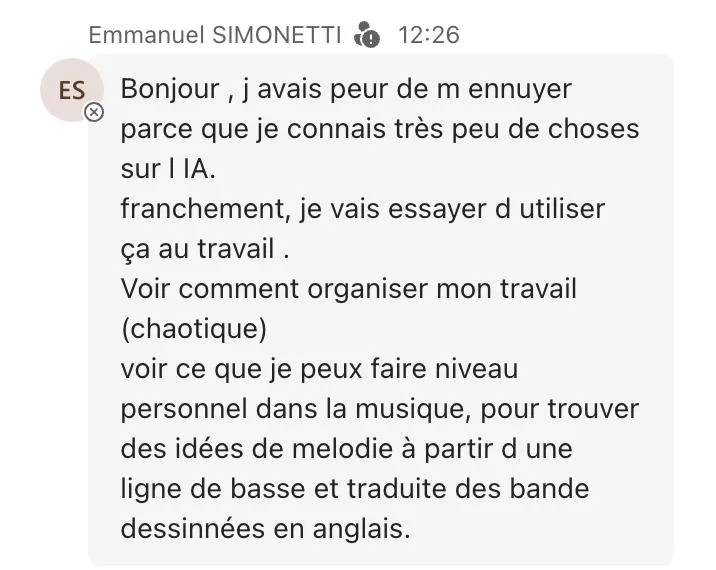 Emmanuel Simonetti : « J'avais peur de m'ennuyer parce que je connais très peu de choses sur l'IA. Franchement, je vais essayer d'utiliser ça au travail. »