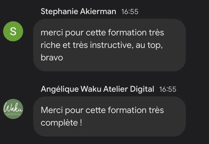 Stéphanie Akierman : « Merci pour cette formation très riche et très instructive, au top, bravo. » · Angélique (Waku Atelier Digital) : « Merci pour cette formation très complète ! »