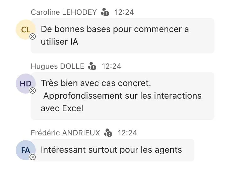 Retours en direct : Caroline Lehodey « de bonnes bases pour commencer à utiliser l'IA » · Hugues Dolle « très bien avec cas concret, approfondissement sur les interactions avec Excel » · Frédéric Andrieux « intéressant surtout pour les agents ».